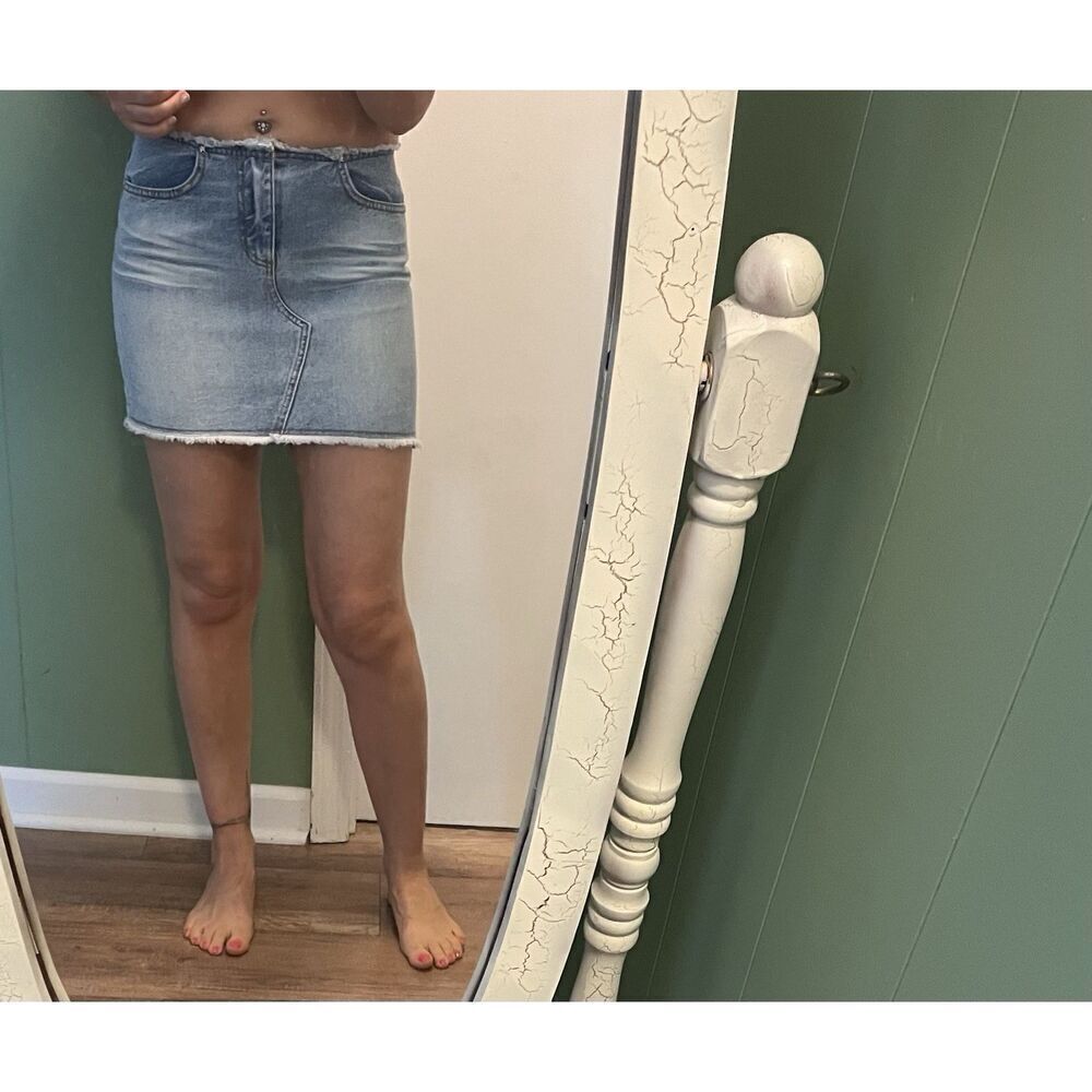 Y2K Bubblegum denim mini skirt raw hem 90s 2000s blue jean cutoff